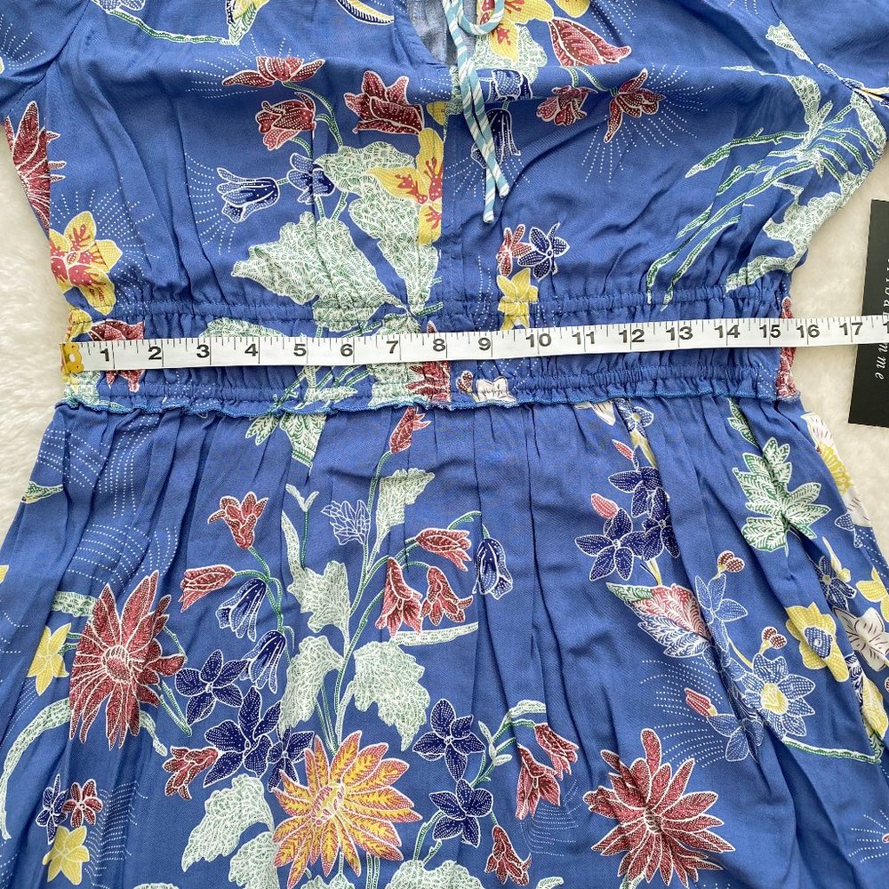 Tribal Femme Casual Dress, Boho, 3/4 Sleeve, Floral Print, Blue, Petite Small - Picture 4 of 8